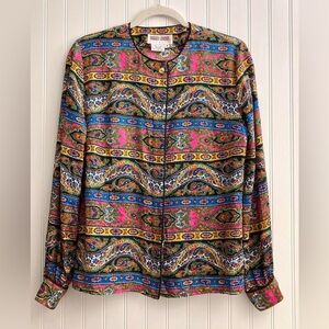Vintage 100% Silk Colorful Festive Boxy Button Up Long Sleeve Blouse Elegant